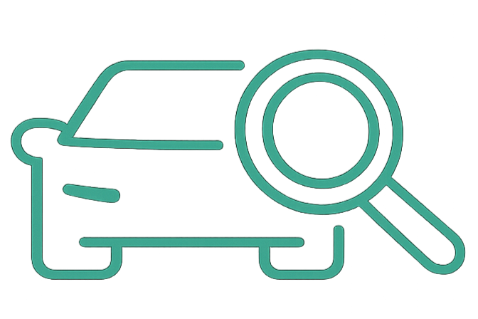 Symbol eines Autos mit Suchlupe, Darstellung einer Fahrzeugsuche oder -analyse