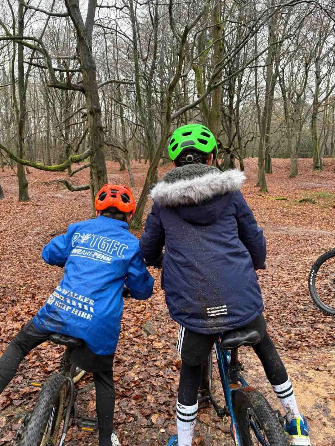Two children wearing helmets riding mountain bikes on a leaf-covered trail in a forest with mostly bare trees.