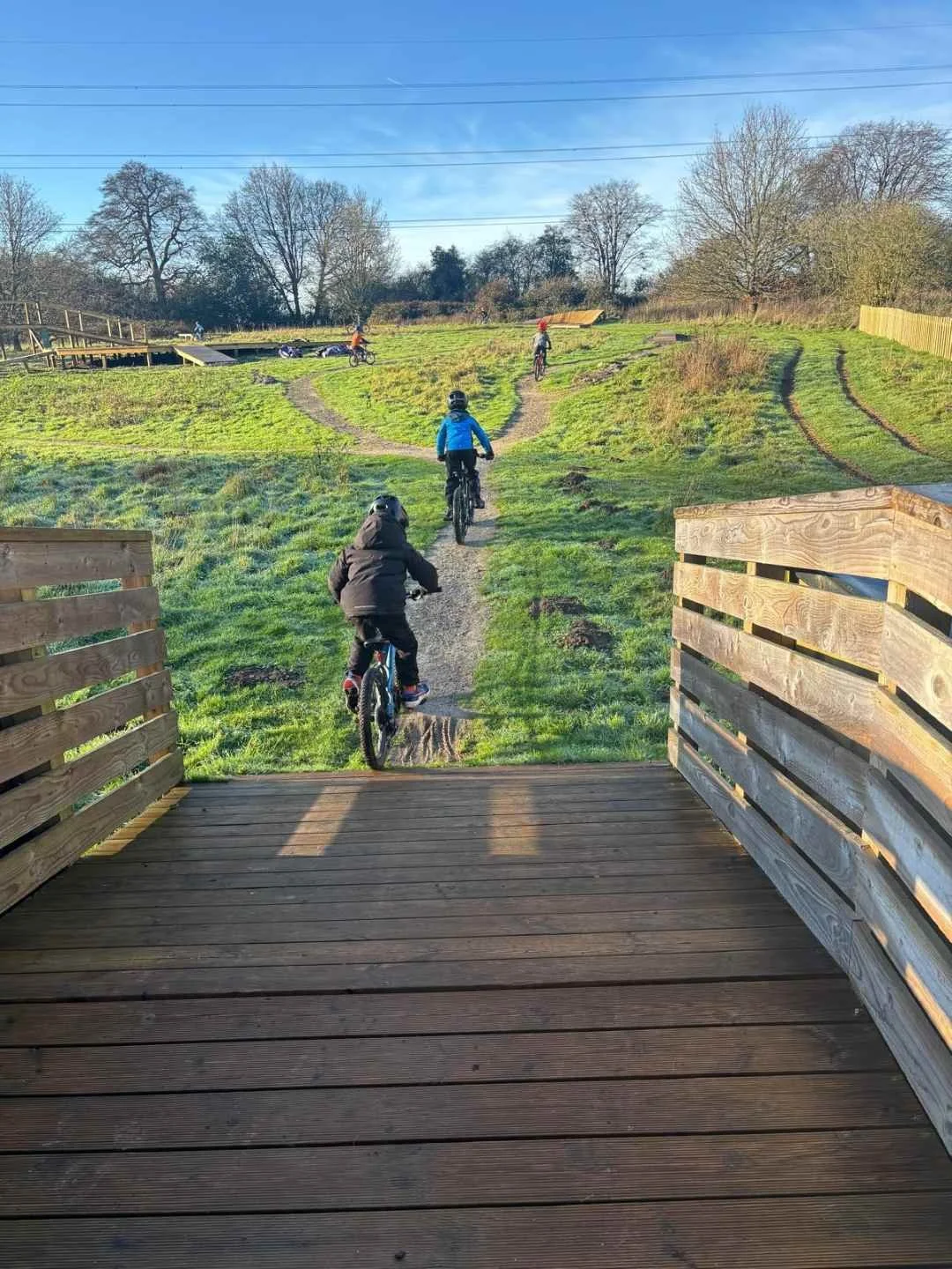 Children riding bicycles on a dirt trail in a grassy park with trees and a wooden ramp in the background on a clear sunny day.