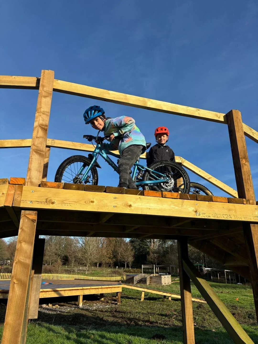 Two boys with helmets on a wooden play structure, one helping the other with his bicycle, in a park with trees and a grassy field under a blue sky.