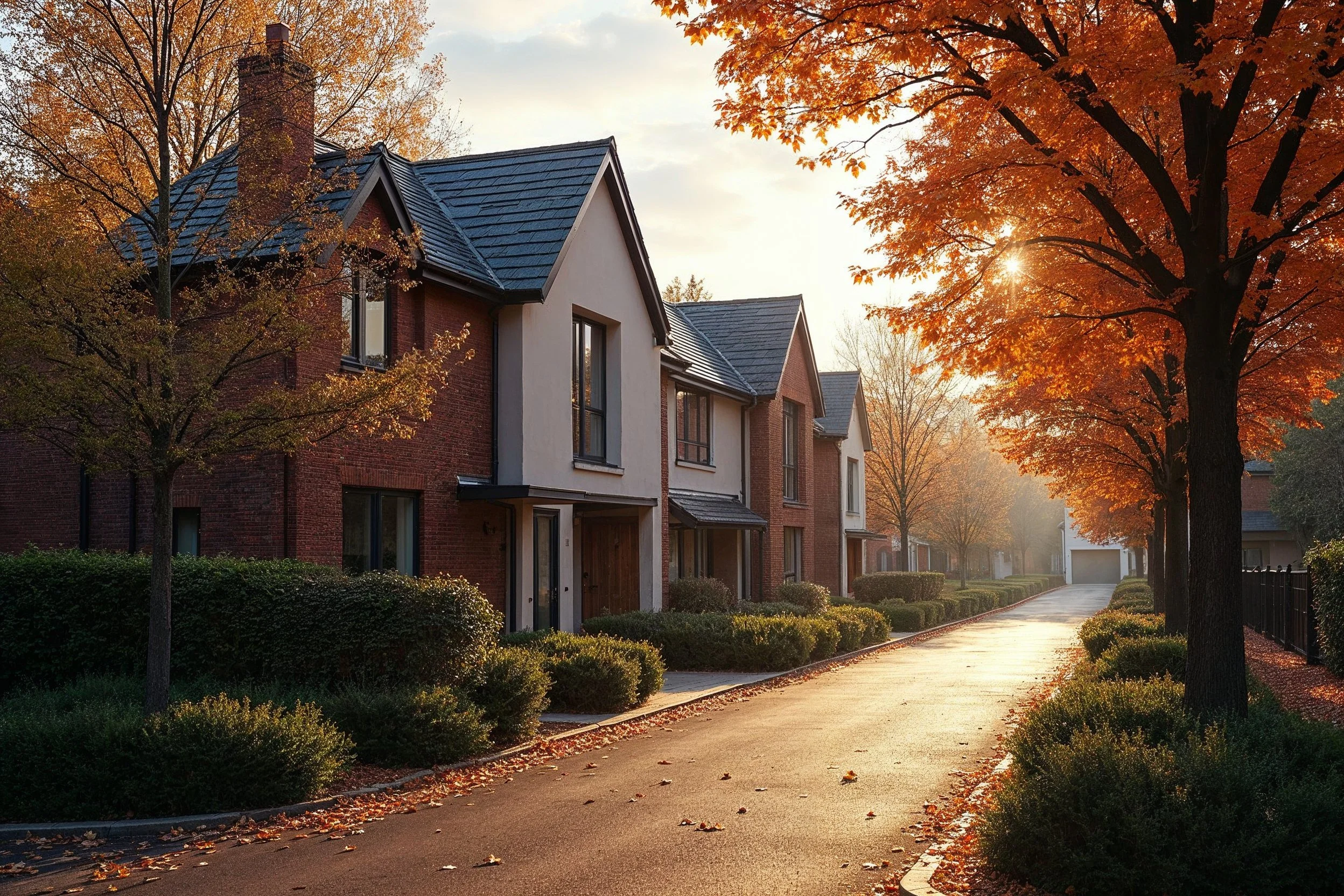 A row of modern townhouses with brick and white facades, large windows, and dark gray roofs, lined along a quiet residential street in autumn. The street is shaded by large trees with orange and yellow leaves, and the sunlight peeks through the branches, creating a warm, peaceful atmosphere.