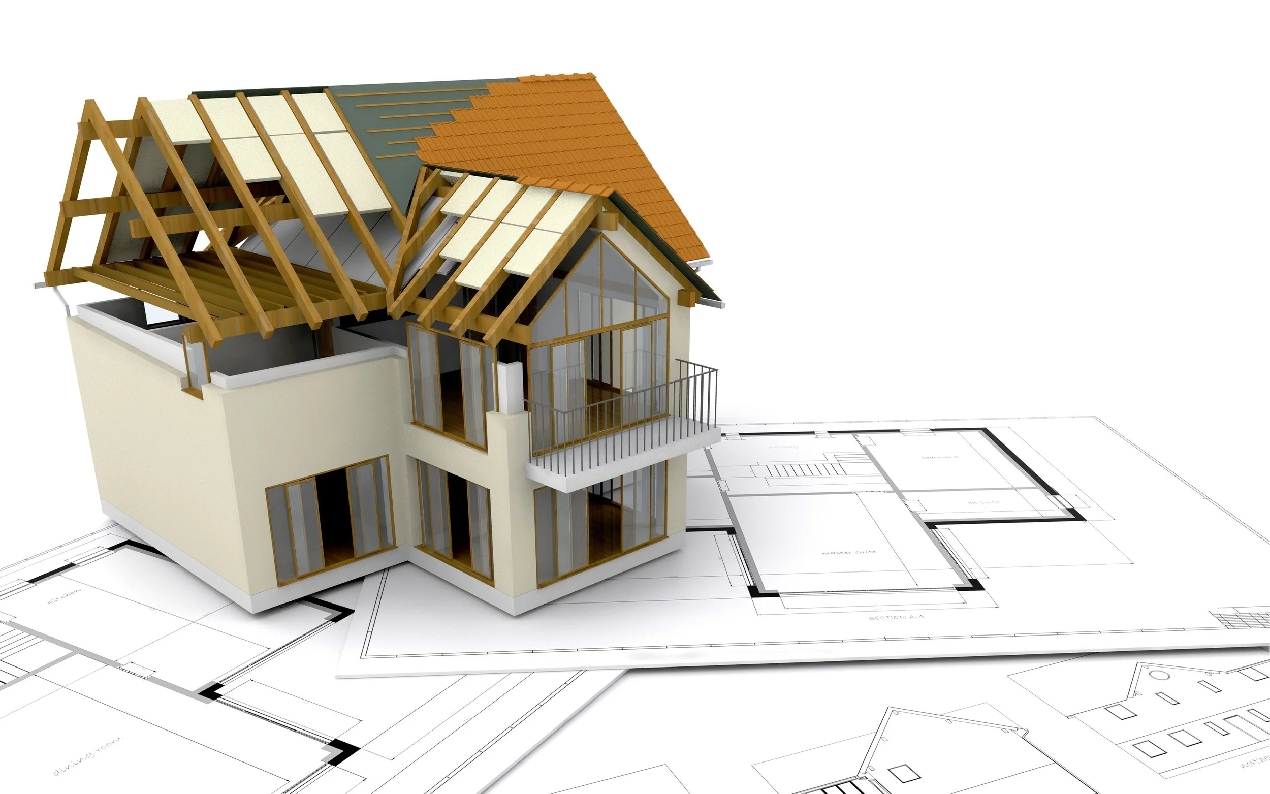 3D rendering of a house under construction with a detailed roof framework, glass windows, and architectural plans underneath.
