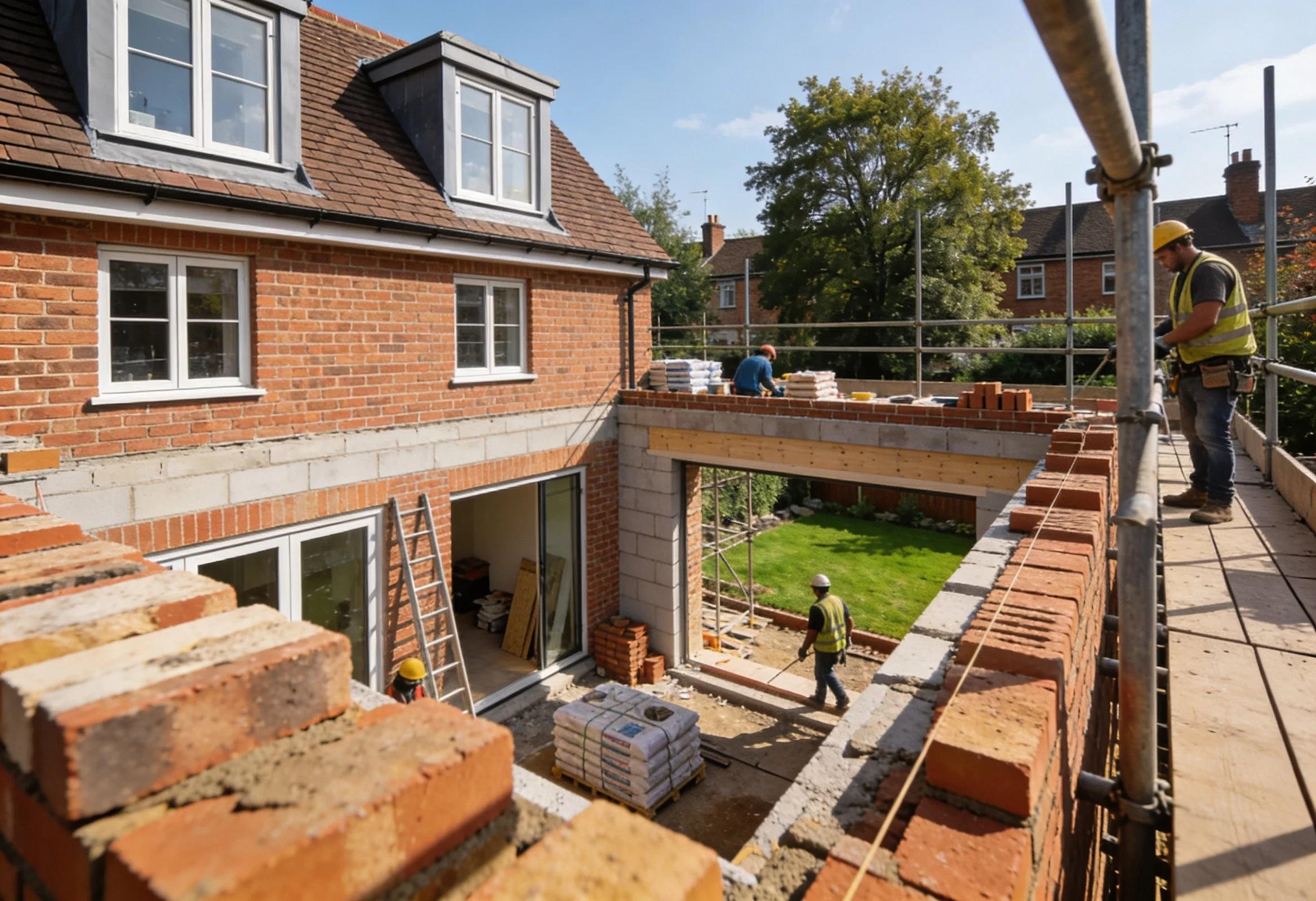 Construction workers on scaffolding building an extension onto a brick house, with bricks, cement bags, and tools visible.