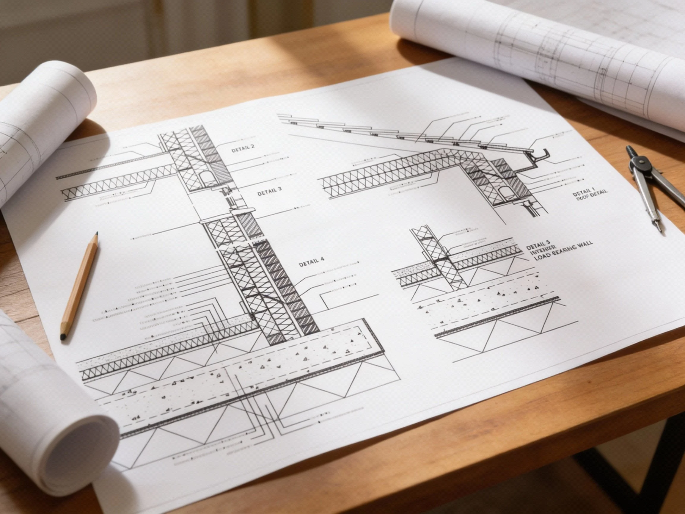 Architectural blueprints featuring detailed technical drawings of a structure, with rolled-up sheets and a compass on a wooden table.