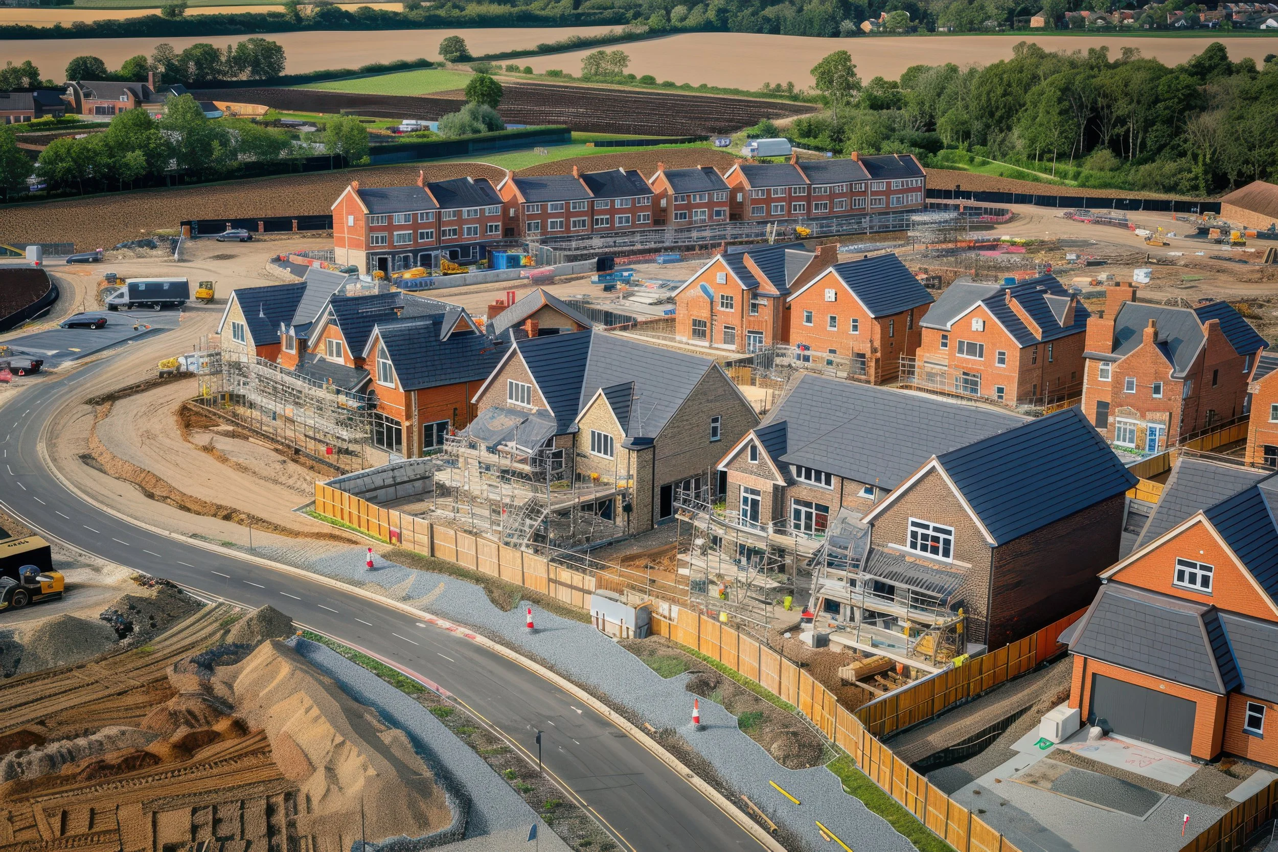 Aerial view of a construction site with new houses being built, surrounded by green fields and trees, and a curved road in the foreground.