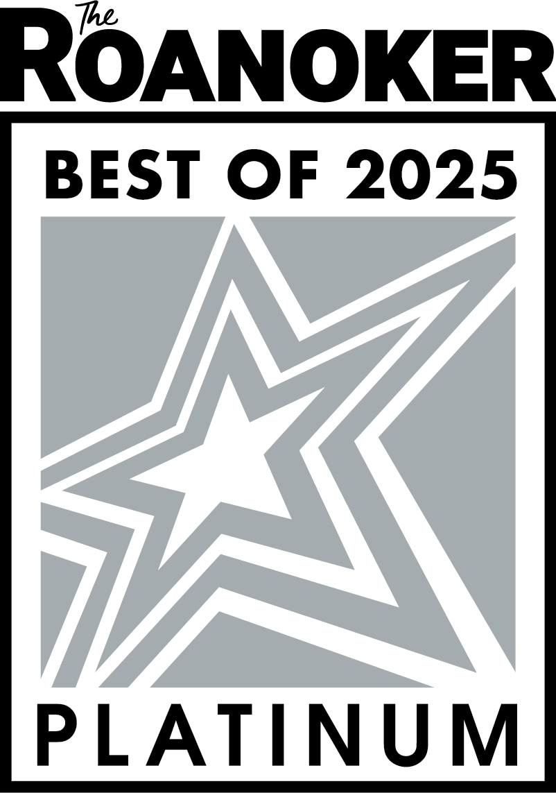 A grayscale award badge for the Roanoker Best of 2025 Platinum, featuring a large star with multiple lines radiating outward, and text indicating the award category and ranking.