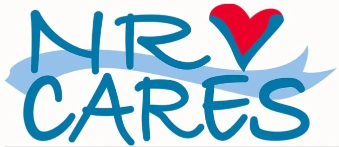 Illustration of the words 'NRV cares' with a red heart and a blue ribbon background.