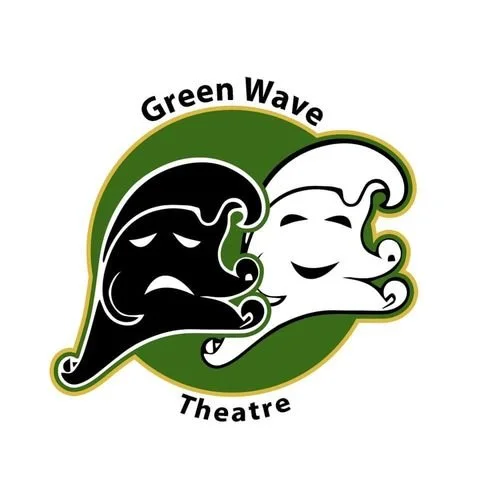 Logo for Green Wave Theatre featuring two stylized theatrical masks, one with a sad expression and one with a happy expression, encircled by the text 'Green Wave Theatre'.