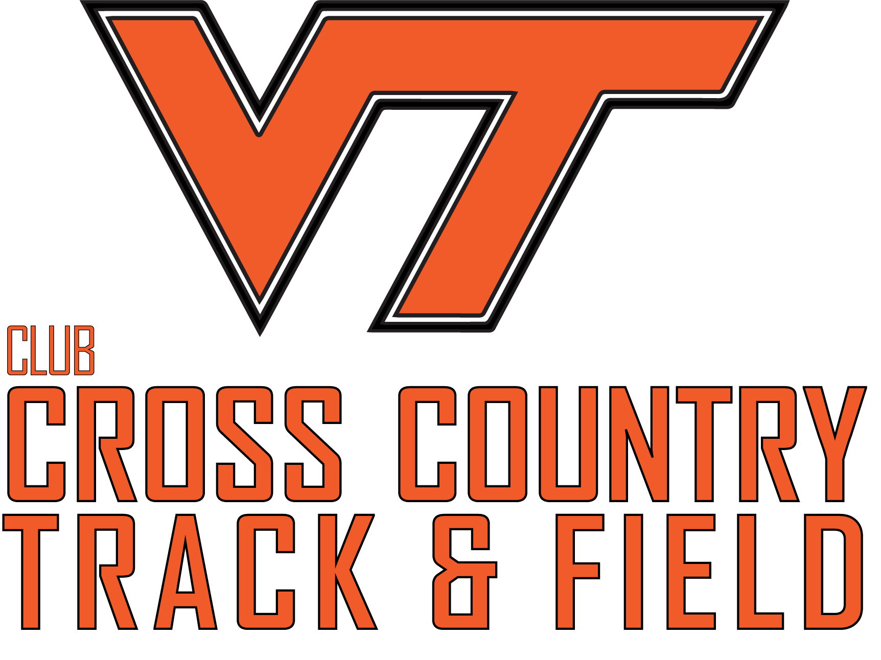 Logo for VT Club Cross Country Track & Field, featuring a large orange and black 'VT' above the words 'Club Cross Country Track & Field' in orange.