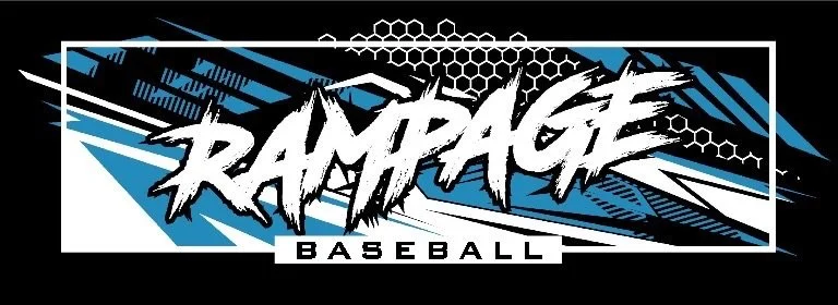 A baseball team logo with the word 'RAMPAGE' in bold, stylized white letters with black outlines, and 'BASEBALL' in smaller black letters underneath, set against an abstract blue, black, and white background with hexagonal patterns.