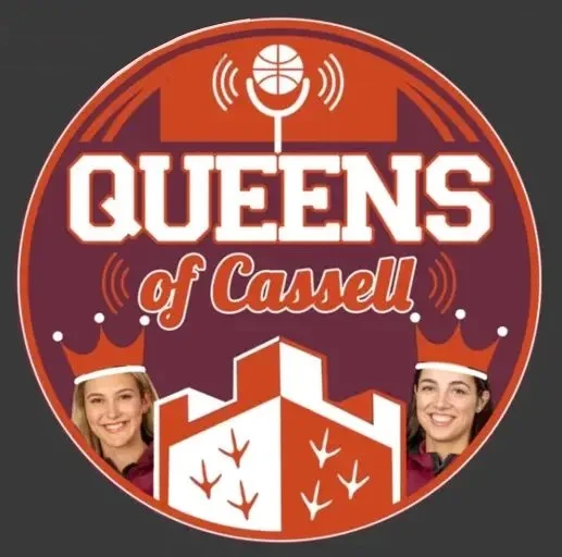 Logo with the text 'Queens of Cassell', two smiling women wearing crowns, and a stylized building with birds at the bottom, all within a circular design.
