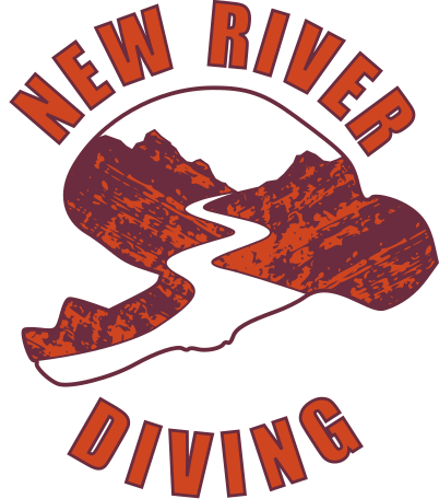 Logo for New River Diving featuring a stylized river and mountain graphic with red text.