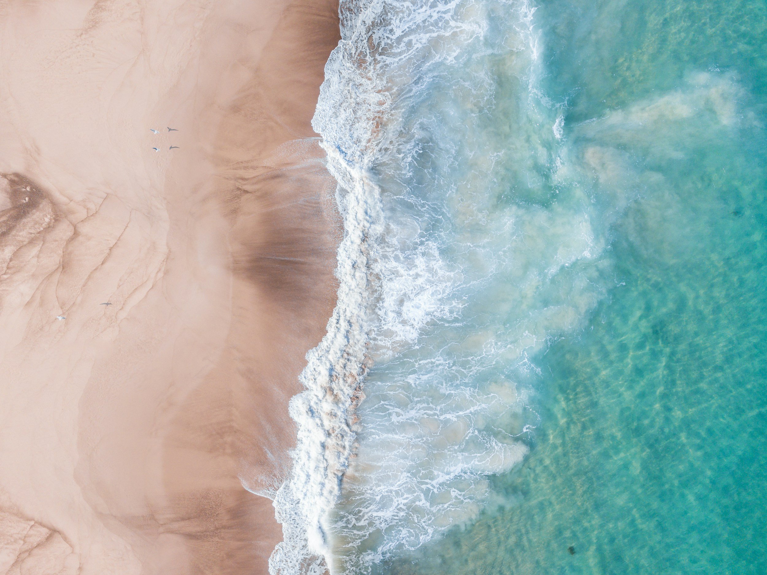 An aerial view of a sandy beach with turquoise ocean waves crashing onto the shore, and a few seagulls flying over the sand.