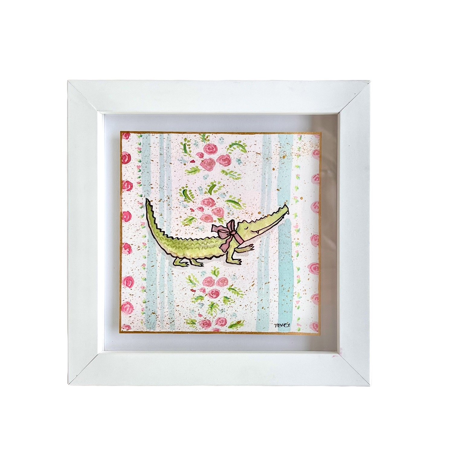 Original Painting of Alligator with Regency Wallpaper Backdrop