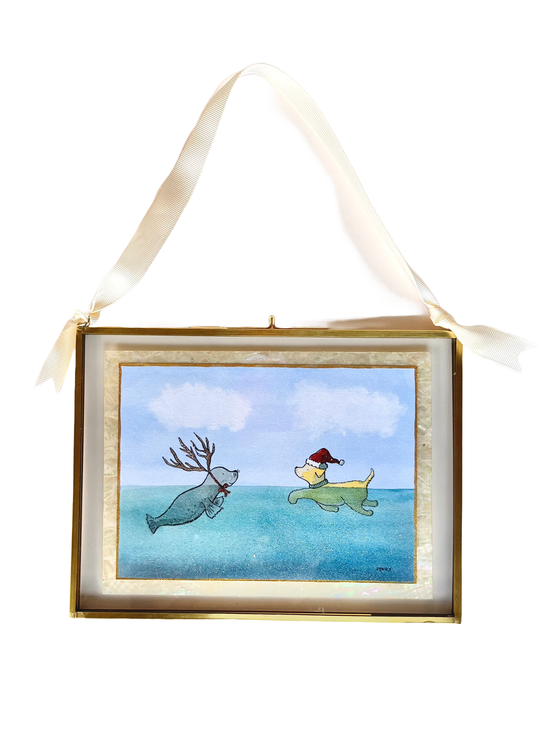 Christmas Friends - Hand Embellished Print of Swimming Dog and Seal