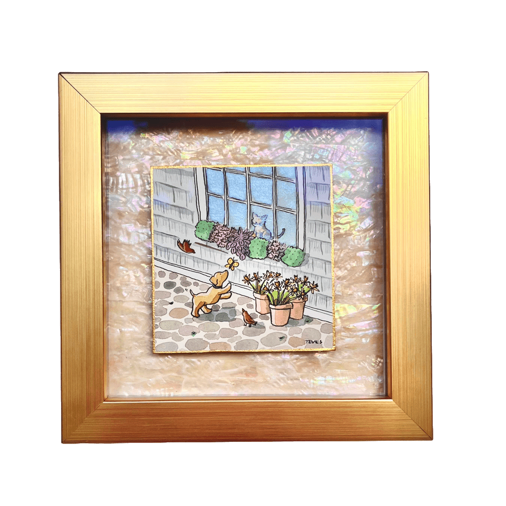 Nantucket Puppy Playing with Butterfly and Daffodils - Original Painting