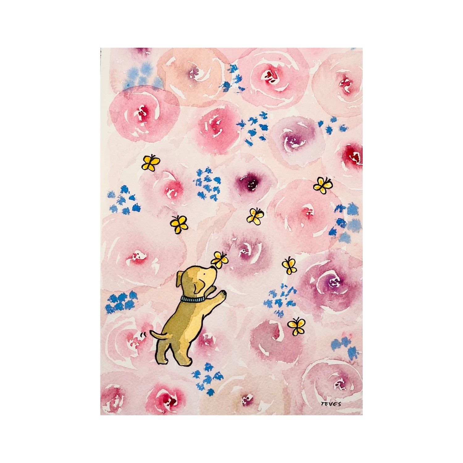 Golden Dog Playing with Yellow Butterflies - Original Painting