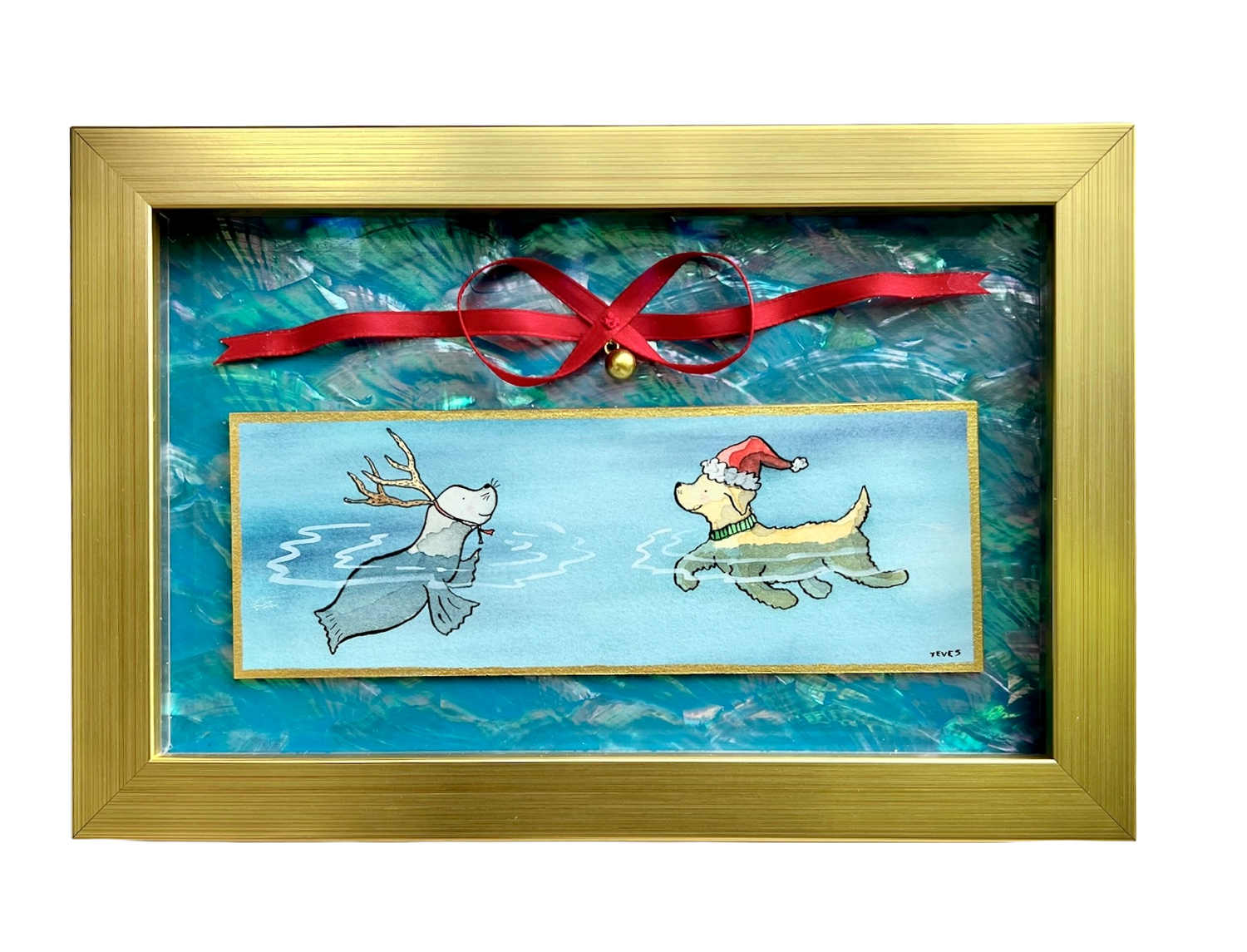 Christmas Dog and Seal - Framed Print with Mother of Pearl and Ribbon Accent