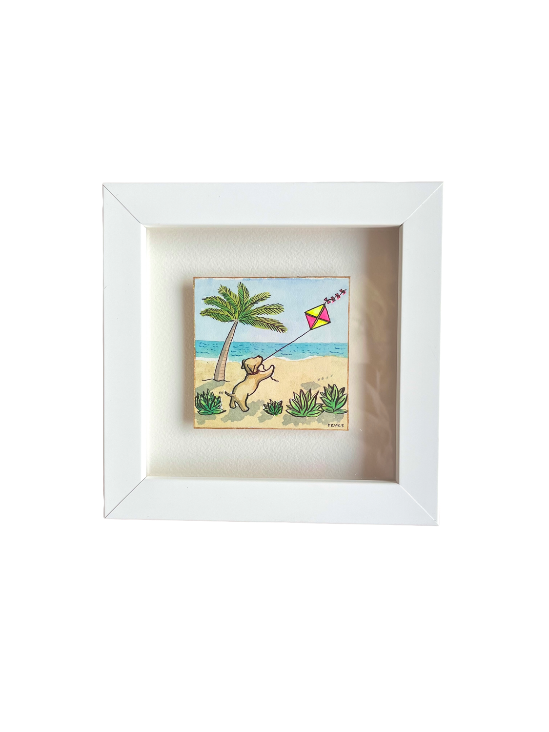 Original Coastal Painting of Puppy Playing with Kite