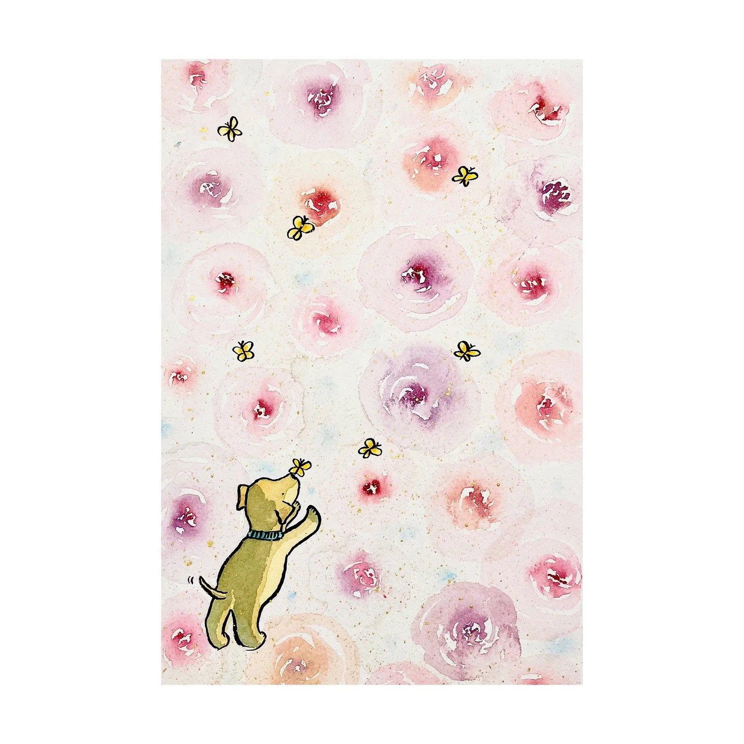 Golden Dog Playing with Butterflies - Original Painting with Gold Splatter