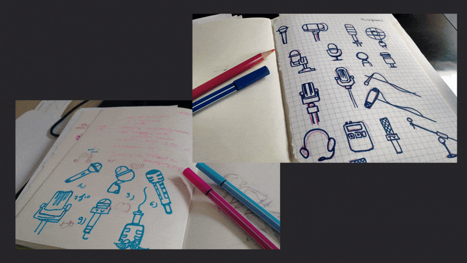 The work in progress of the project Voicebooking animation that Kabo Lam has made. The gif include sketches, storyboarding styleframes and a picture of a child recording his voice for the animation.