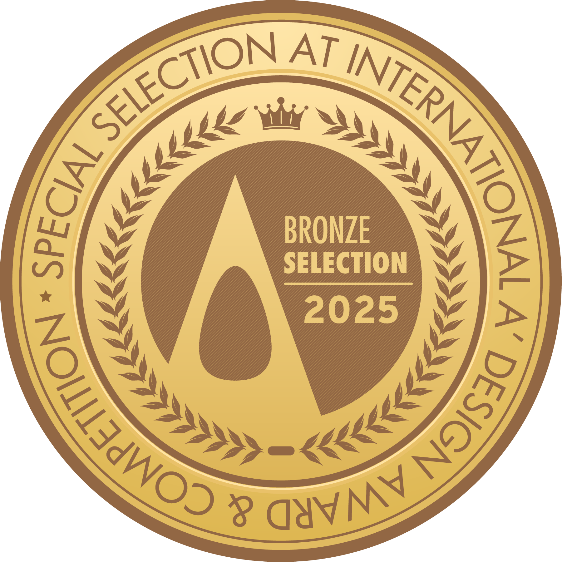 Gold-colored award inside a circular badge with the words "Special Selection at International A. Design Award & Competition" surrounding a laurel wreath and a crown at the top. The center features a stylized tent and the text "Bronze Selection 2025."