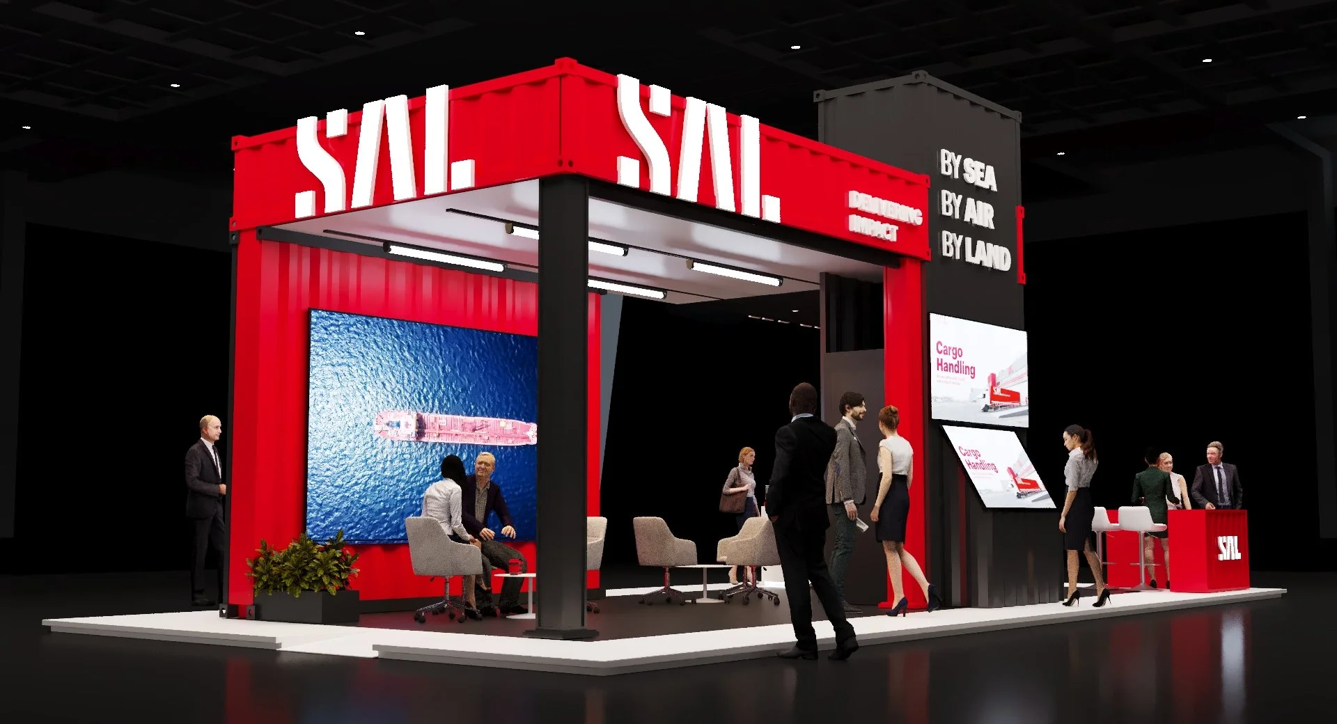 Trade show booth for SAL static with red accents, large digital screens displaying cargo handling images, and people engaging in discussions.