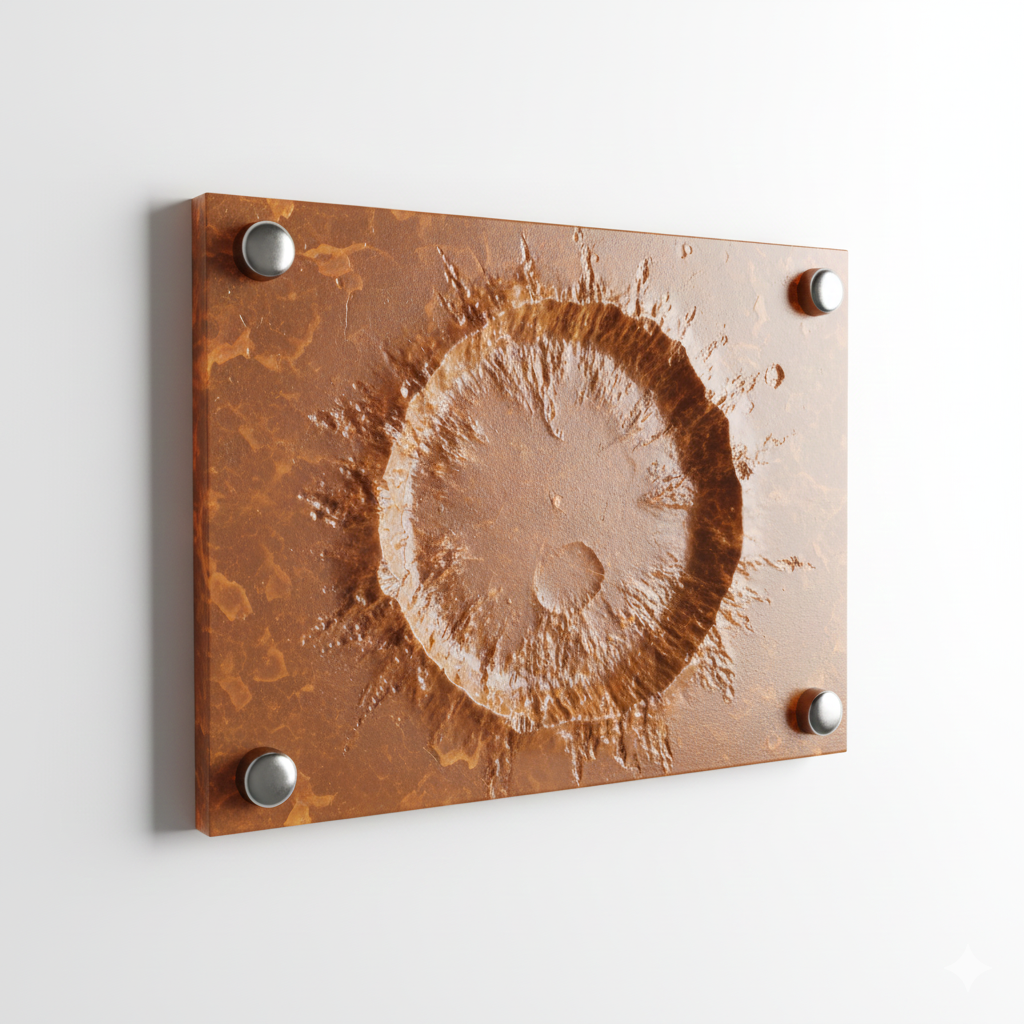Martian planet surface , impact crater -colored concrete or resin wall art with a circular, sunken pattern in the center, mounted on a white wall with four round metallic standoffs. Mars impact crater wall art