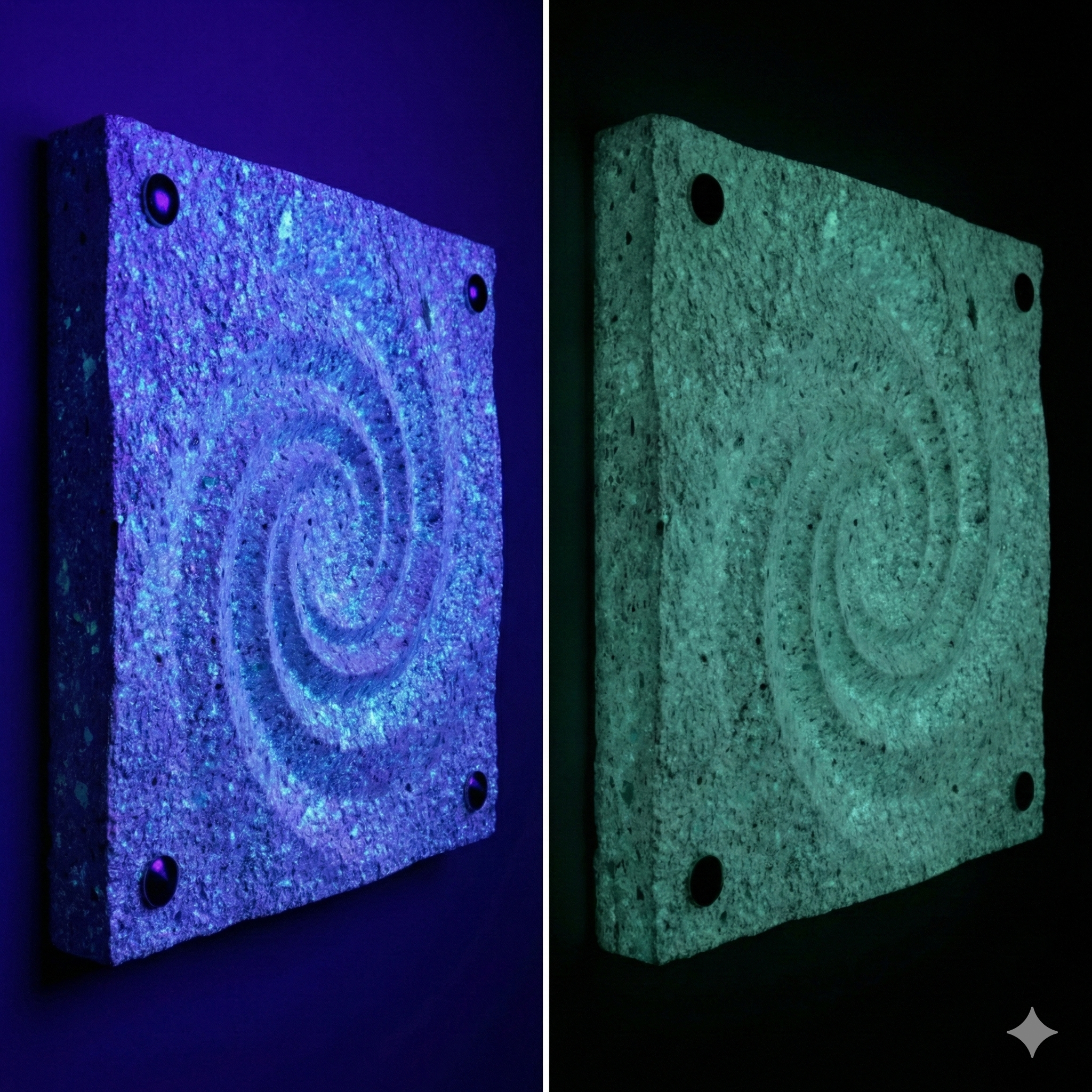 A rectangular stone puzzle with a circular symbol, illuminated by UV light on the left and regular light on the right, mounted on a black background.