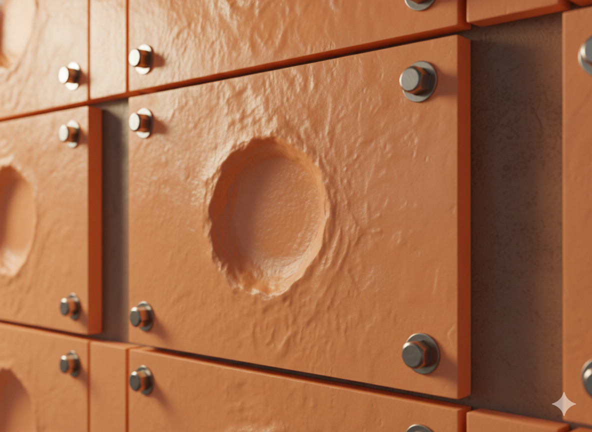 Close-up of a building facade with orange panels, some featuring circular indentations, held in place by metallic bolts.