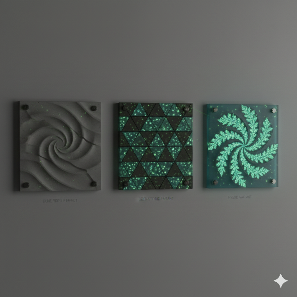 Three illuminated panels with digital art designs are mounted on a wall. The left panel features a swirl pattern labeled 'DUNE PARALLEL EFFECT,' the middle panel has a geometric pattern of triangles labeled 'POLYTOPE VIBRANT,' and the right panel displays a fern-like spiral pattern labeled 'HYBRID VARIANT.'