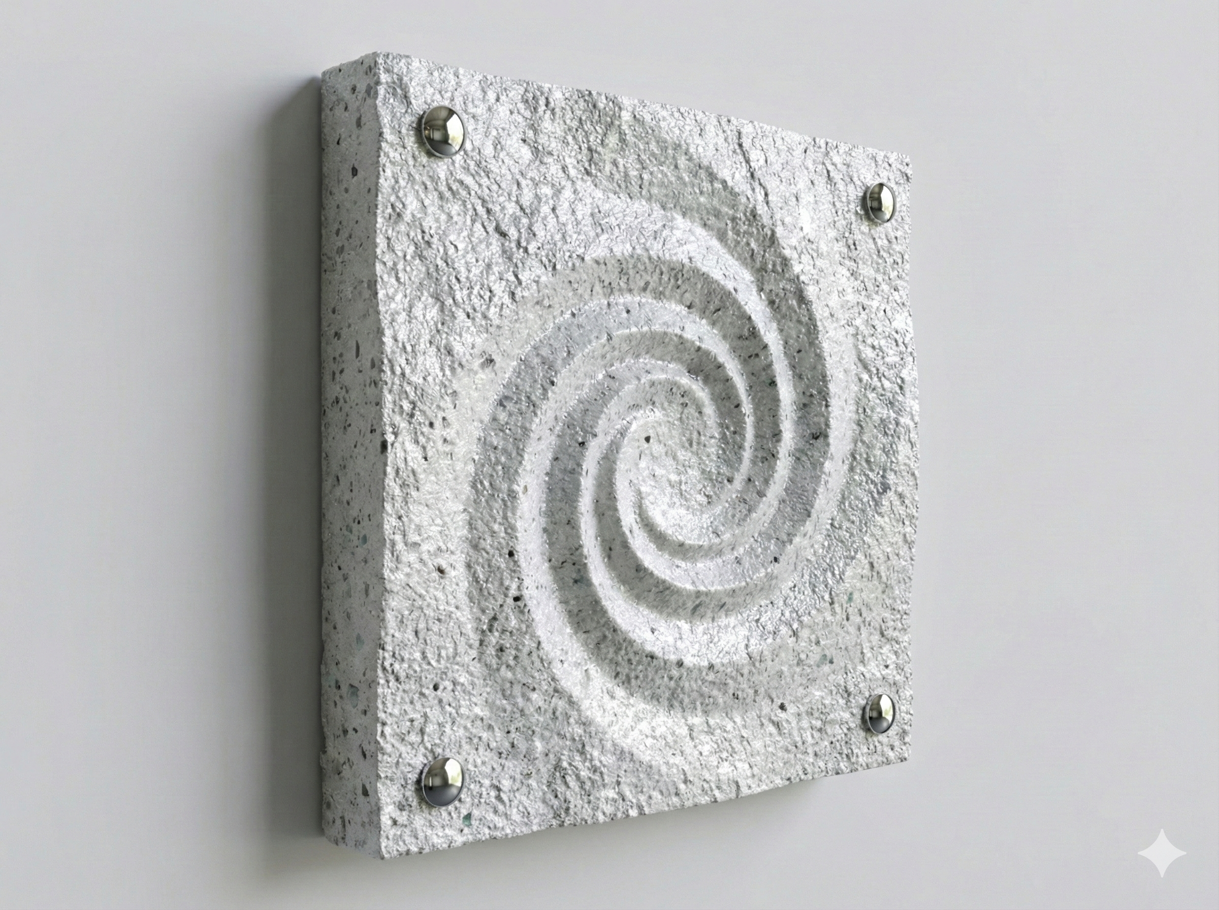 Close-up of a square stone plaque with a carved spiral pattern, mounted on a wall with four metal screws, one in each corner.