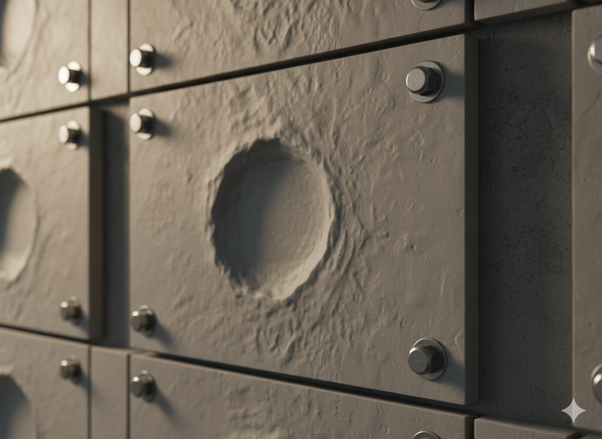 Close-up of a gray metal plate with a circular indentation, secured to a wall with bolts.