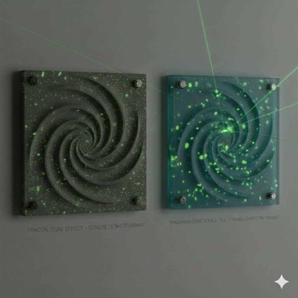 Two illuminated wall tiles with spiral patterns and green glowing specks, labeled as 'Fractal Dune Effect - Concrete Variant' and Phosphorescent wall Tile - Translucent Resin Variant Concrete and Resin, Silver glowing concrete
