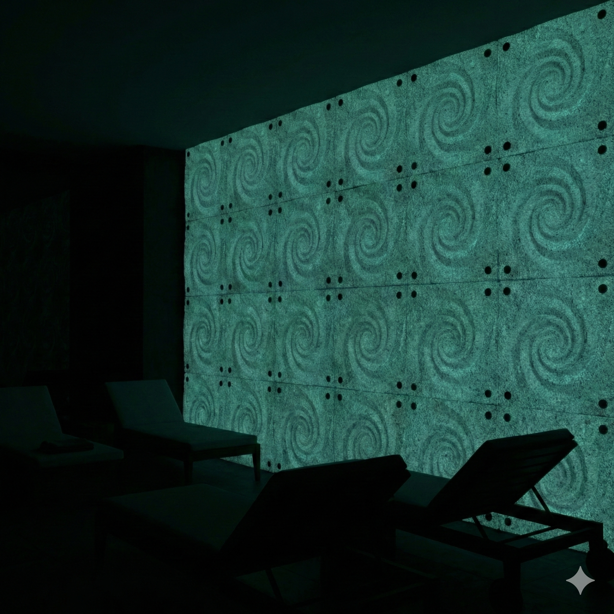 Dark room with lounge chairs and a wall illuminated with teal-colored abstract swirling pattern.