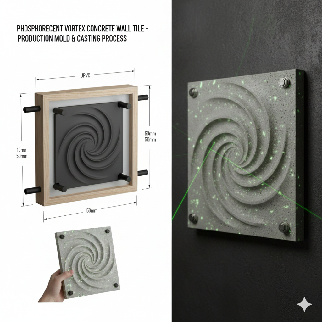 Diagram of phosphorescent vortex concrete wall tile for production mold and casting process, with measurements and a sample tile emitting green glow in the dark.