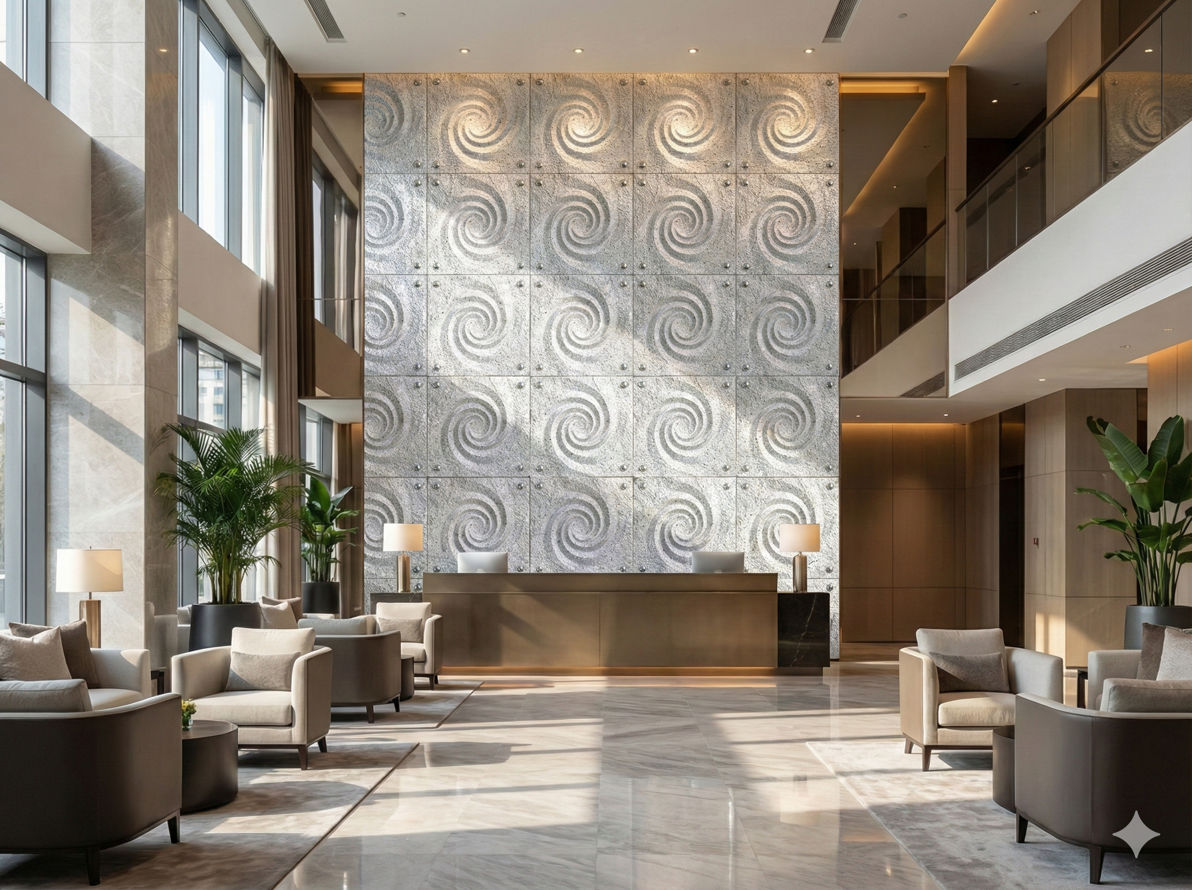 Modern hotel lobby with large marble flooring, cushioned armchairs, and tall potted plants, featuring a front desk and a decorative wall with swirling patterns.