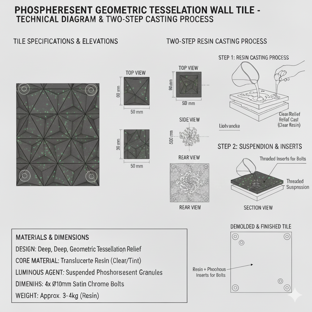 Diagram and instructions for creating a phosphorescent geometric tessellation wall tile using a two-step resin casting process, including tile specifications, materials, and dimensions.
