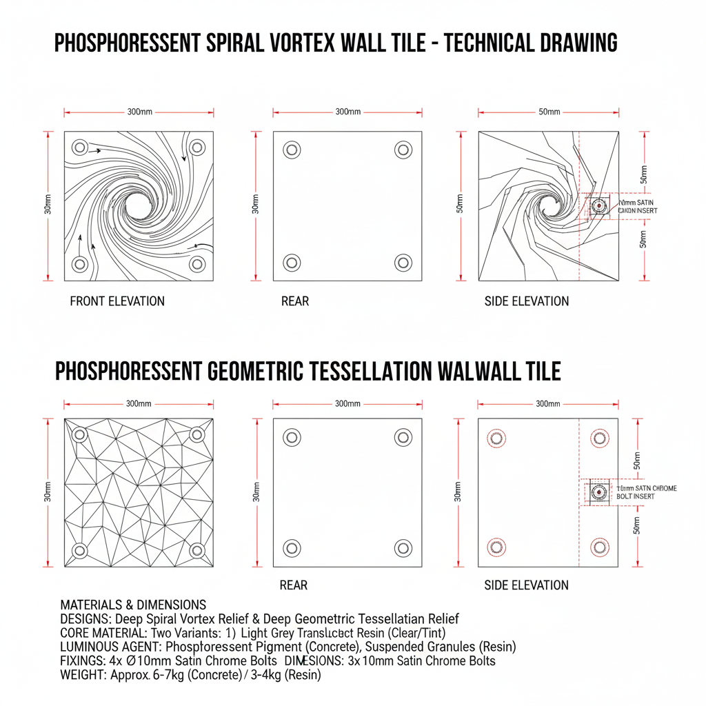 Technical drawings of phosphorescent wall tiles, including vortex spiral and tessellation designs, with dimensions and mounting details.
