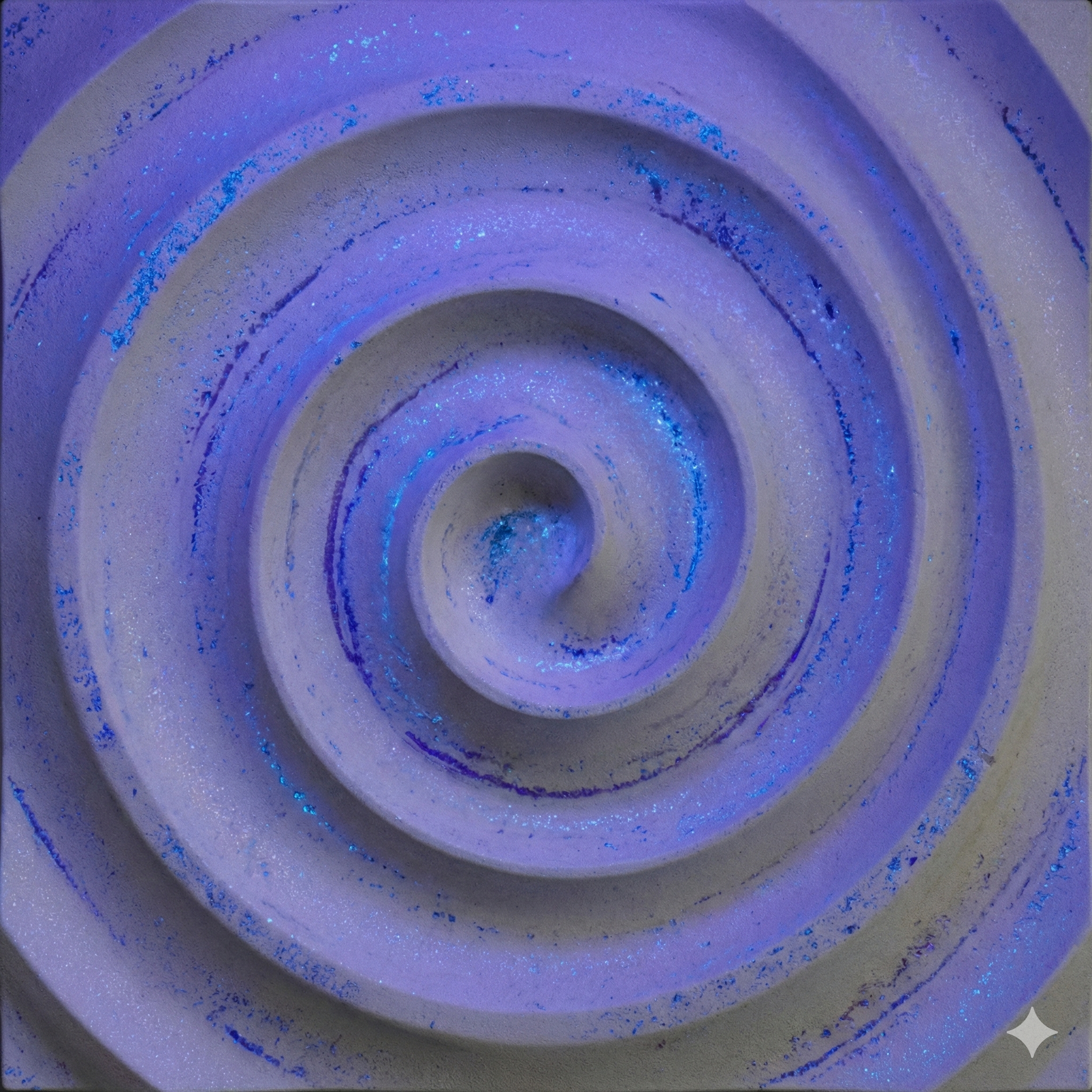 Close-up of a spiral-shaped surface with purple and blue glitter coating.