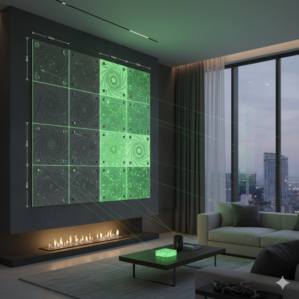 Modern living room with a wall-mounted, illuminated art piece featuring swirling patterns and measurements, sitting above a fireplace with small flames. The room has large windows with city views and contemporary furniture, including a white sofa wit