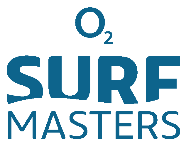 Logo mit der Aufschrift 'O₂ SURF MASTERS' in blauer Schrift