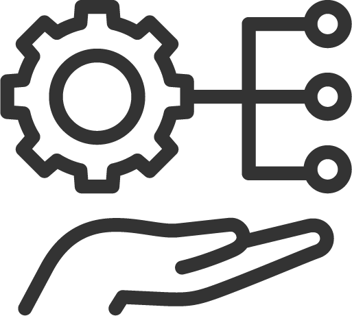 A hand holding a gear with connected lines and circles, symbolizing engineering or technological management.