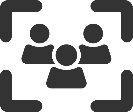 Icon of three people in a conference or meeting setting, with a square border around them.
