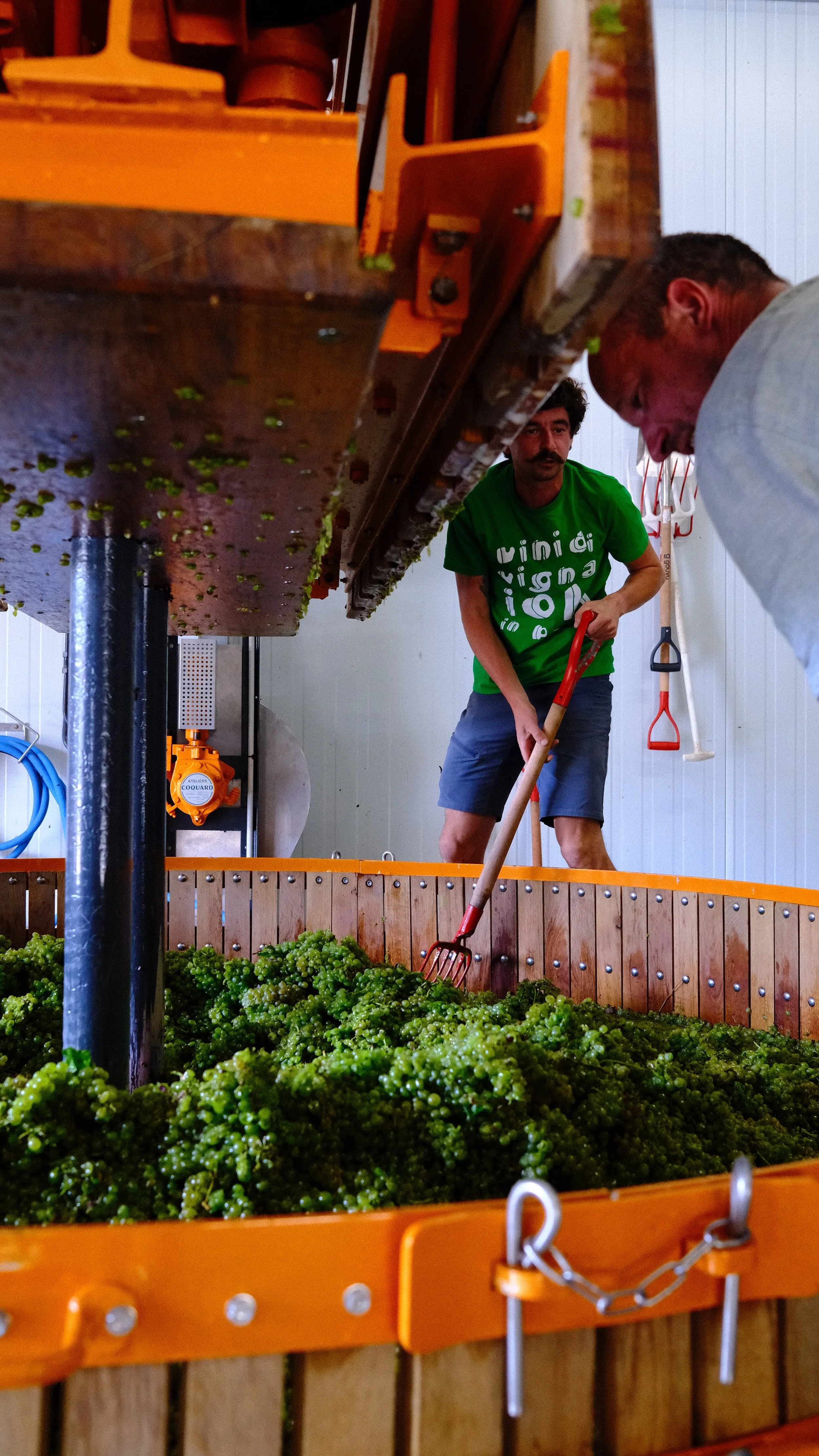 Deux hommes travaillent dans un pressoir Ateliers Coquard pour les vendanges en Champagne.