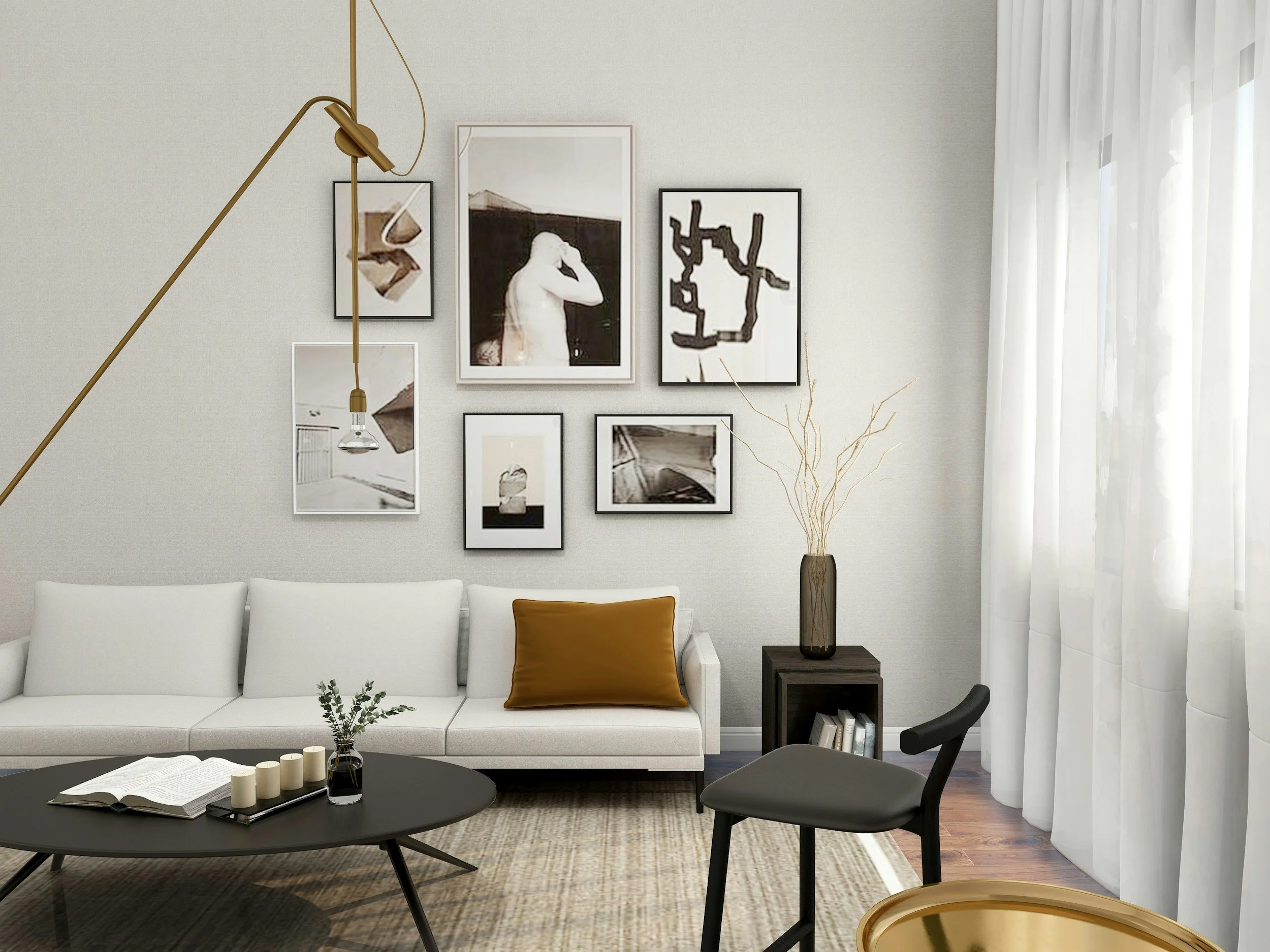 Living room with a white sofa, black coffee table, and wall art. There is a side table with a tall vase and dried branches, and a black chair with a gold tray and white curtain.