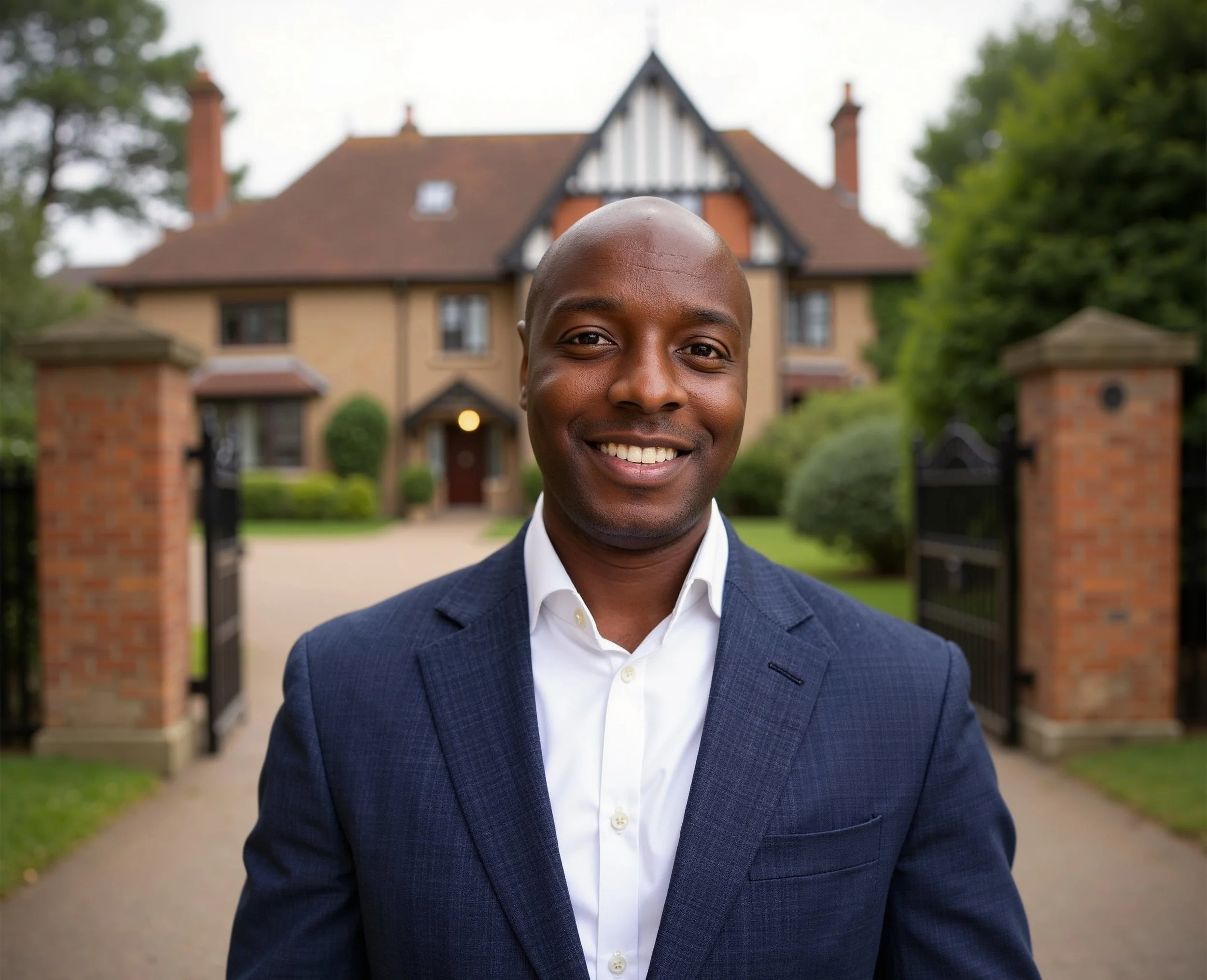 A smiling man in a navy blazer and white shirt standing in front of a large house with a brick gate and lush green trees.