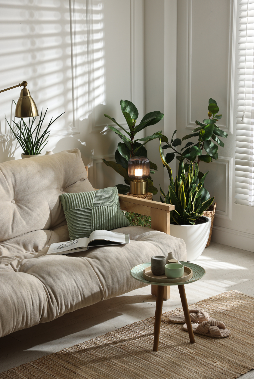 Living room corner with a beige tufted couch, green throw pillows, a small round wooden coffee table with ceramic cups, a beige rug, indoor plants, a table lamp, and window blinds casting shadows.