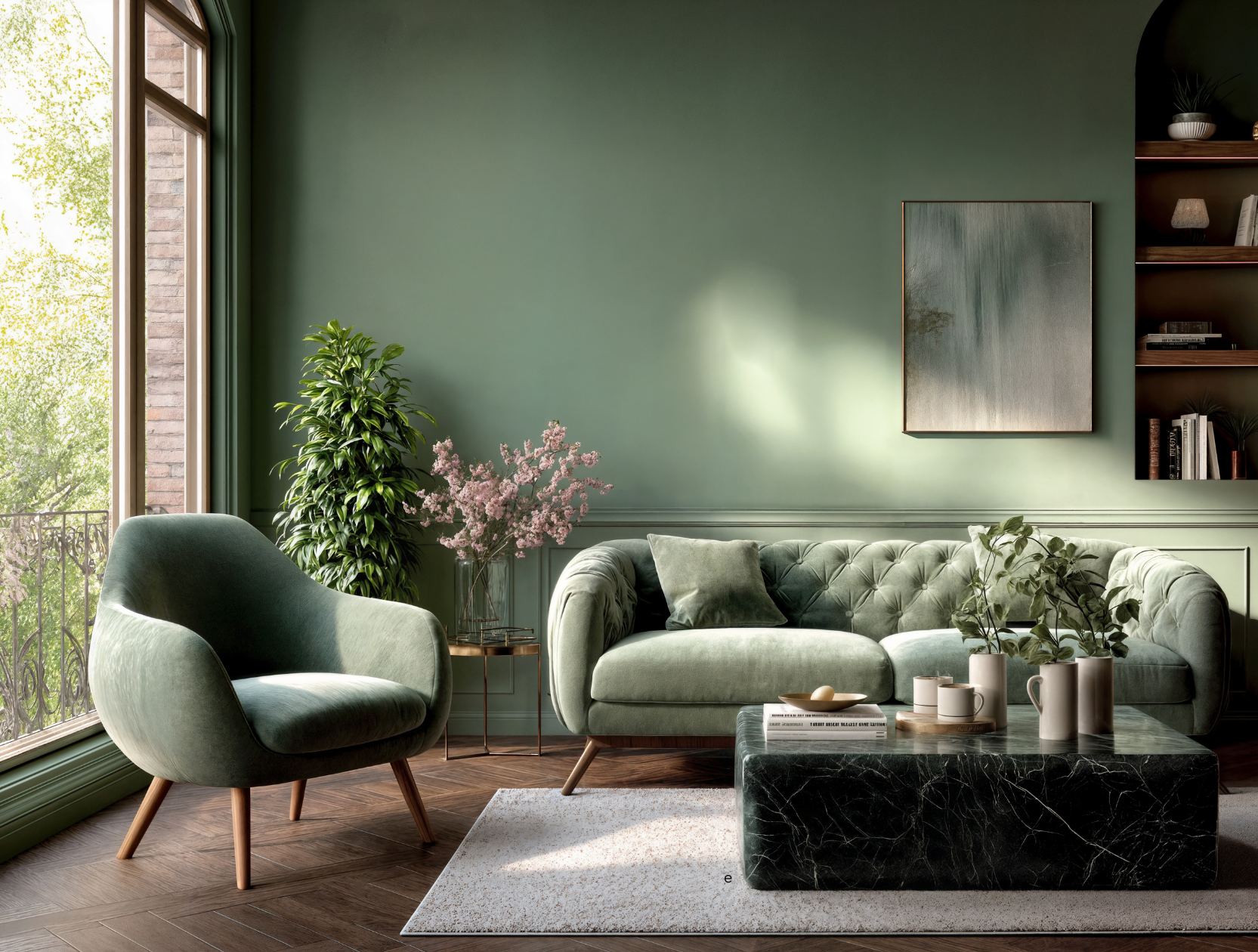 Living room with green walls, a large window, a green velvet armchair, a matching tufted sofa, potted plants, a black marble coffee table, and art on the wall.