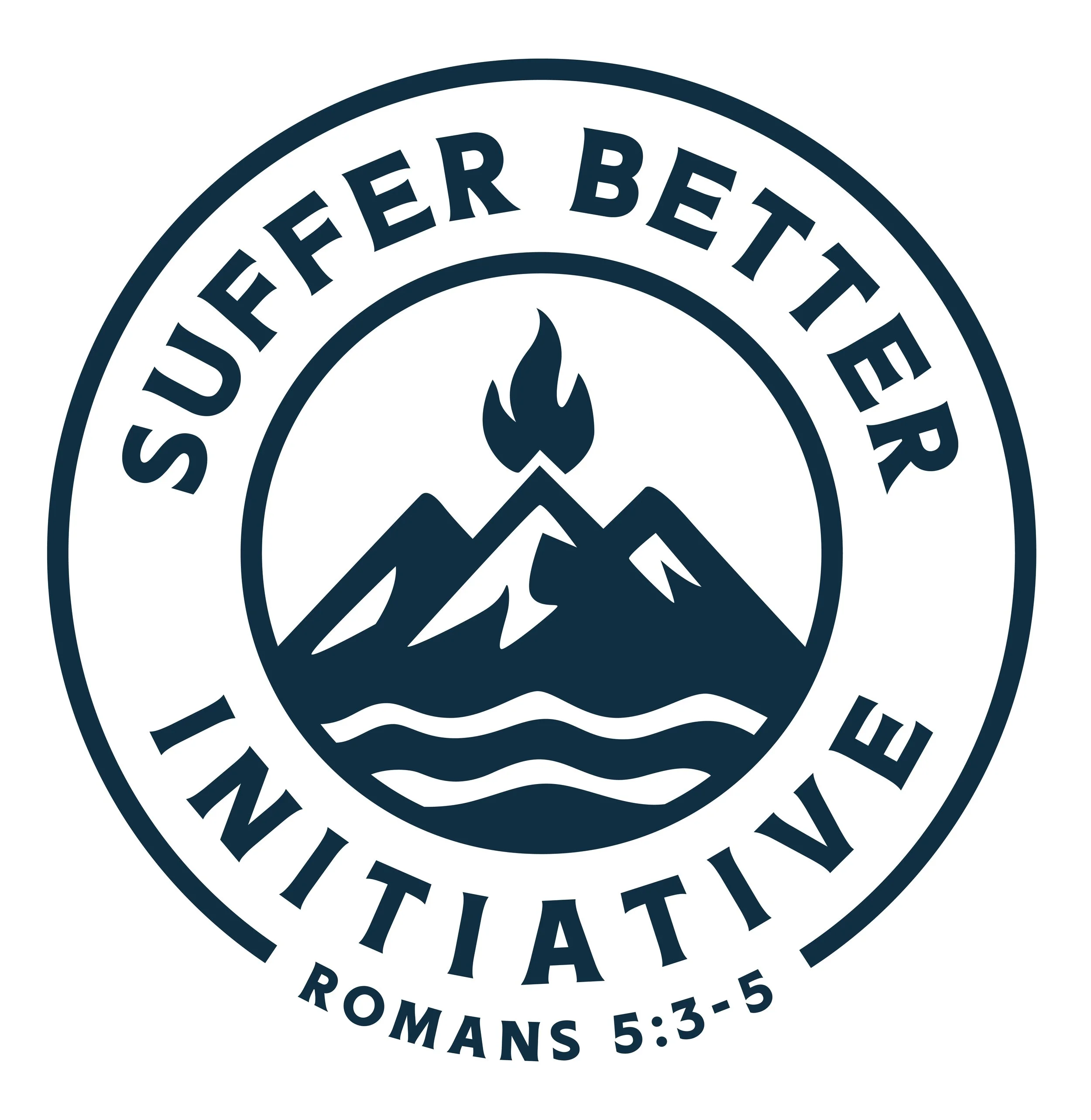 A circular logo with mountains, a flame, and water waves, and the text "Suffer Better Incentive Romans 5:3-5" around the border.